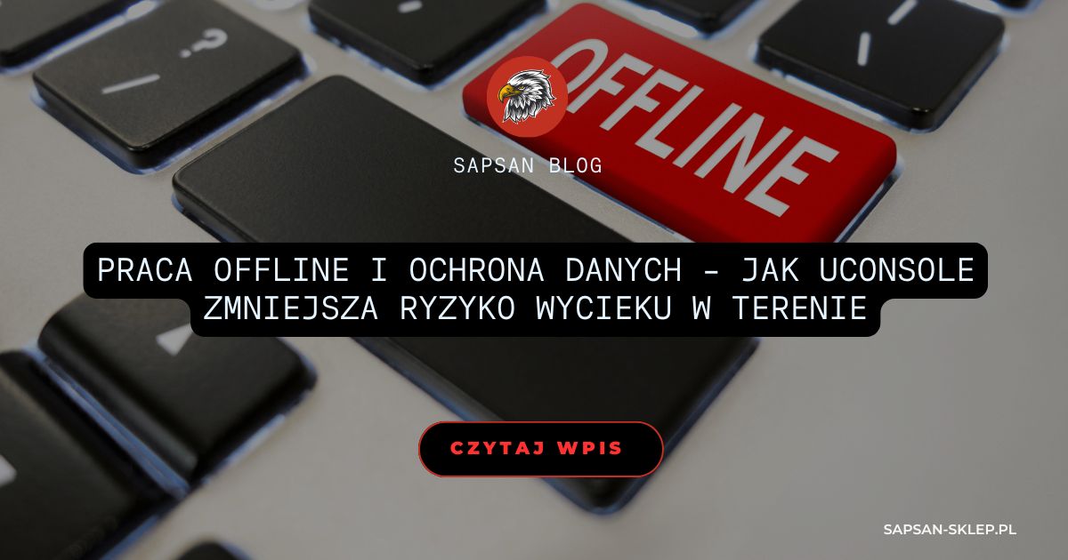 SAPSAN blog banner with a close-up of a black keyboard and a red key reading OFFLINE, an eagle logo and a title about offline work and data protection with uConsole