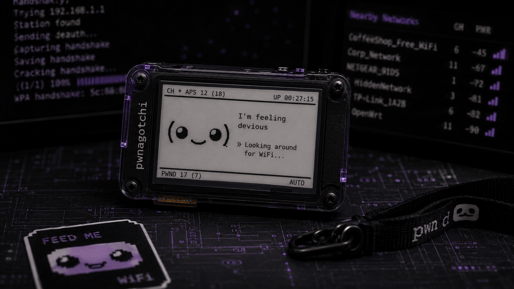 Urządzenie Pwnagotchi z ekranem e-ink i uśmiechniętą buźką, napis pwnagotchi na obudowie, na ciemnym blacie w płytki drukowane; w tle monitor z terminalem i listą sieci Wi-Fi, z przodu naklejka FEED ME WiFi.
