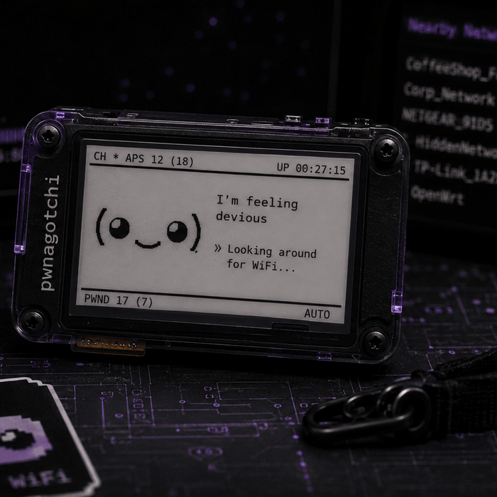 Pwnagotchi z mordką na ekranie e-ink polujący na sieci WiFi, w tle terminal z przechwyconymi handshake i lista pobliskich sieci
