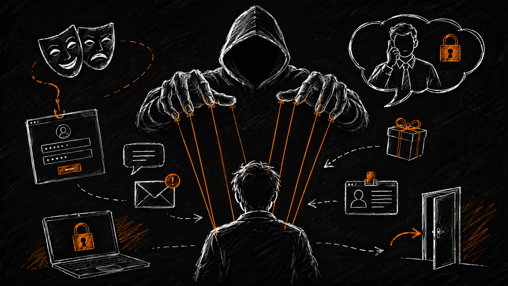 Chalk illustration on a black background - a hooded figure pulls orange strings like a puppeteer, attached to a person seen from behind; around them white icons: theater masks, a login window, a laptop with a padlock and an open door.