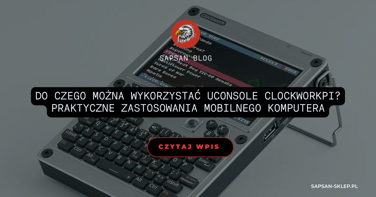 SAPSAN-Blog-Banner mit Foto eines tragbaren Computers mit QWERTY-Tastatur und Bildschirm mit Spieleliste, Adler-Logo und Titel über die praktischen Einsatzmöglichkeiten des mobilen Computers uConsole ClockworkPi