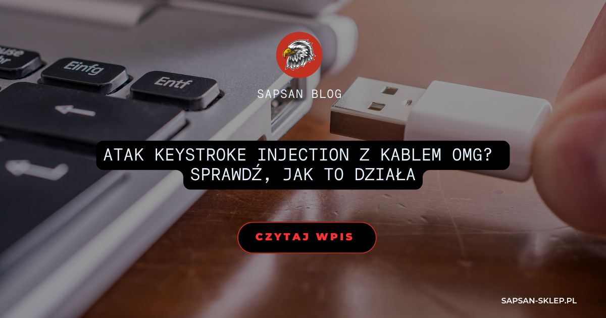 SAPSAN blog banner with a photo of a white USB cable being plugged into a laptop port, eagle logo and title keystroke injection attack with an OMG cable