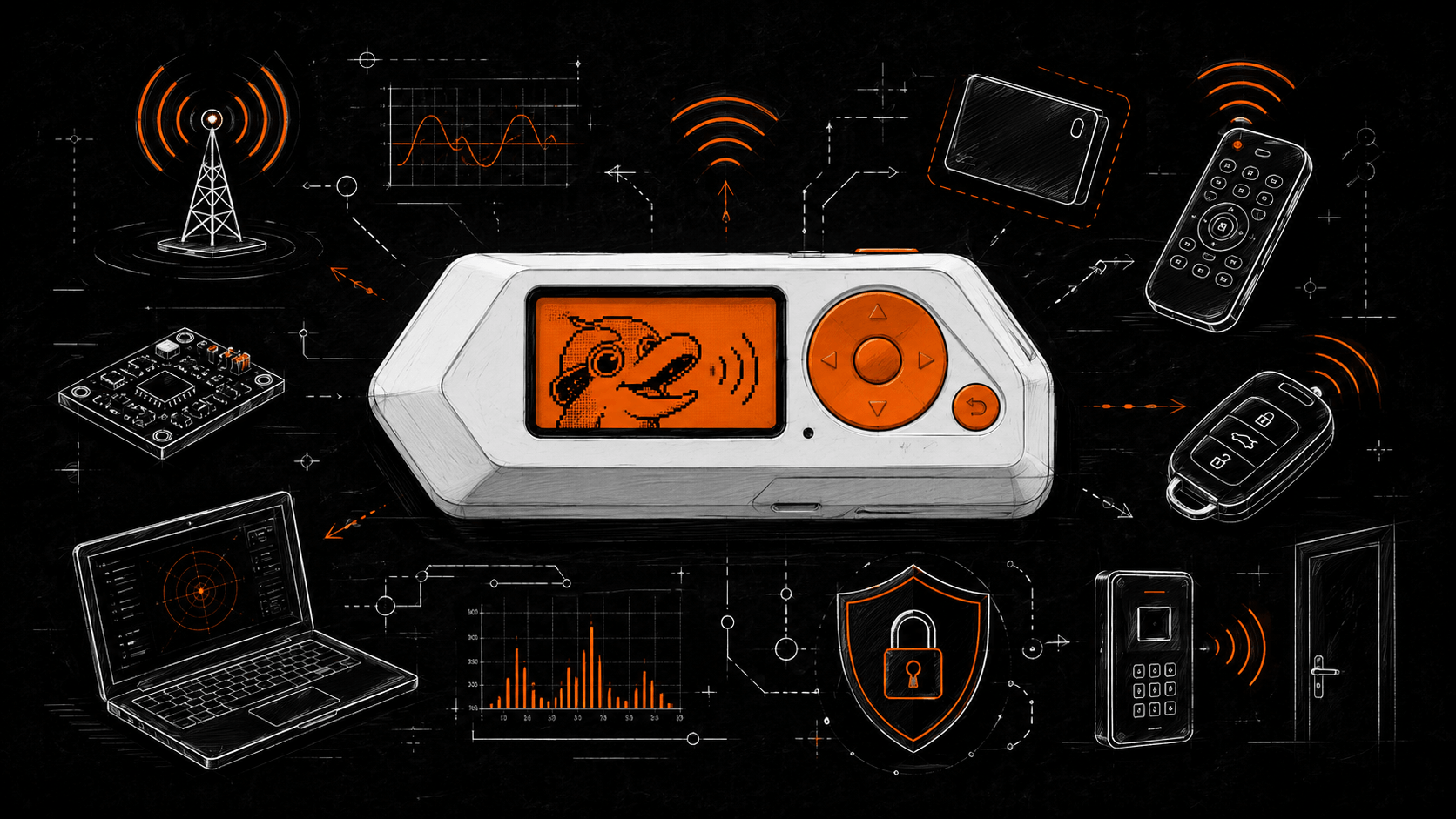 Sketch graphic on a black background: center shows a white-silver device with an orange screen with a pixel character and arrow pad, around it drawings of a radio tower, laptop, remote, car key, circuit board, shield with padlock and signal waves.