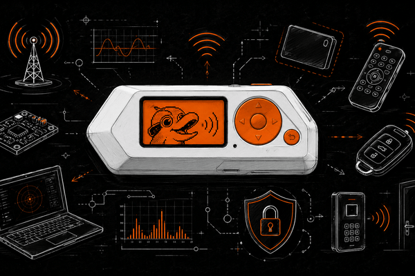 Sketch graphic on a black background: center shows a white-silver device with an orange screen with a pixel character and arrow pad, around it drawings of a radio tower, laptop, remote, car key, circuit board, shield with padlock and signal waves.
