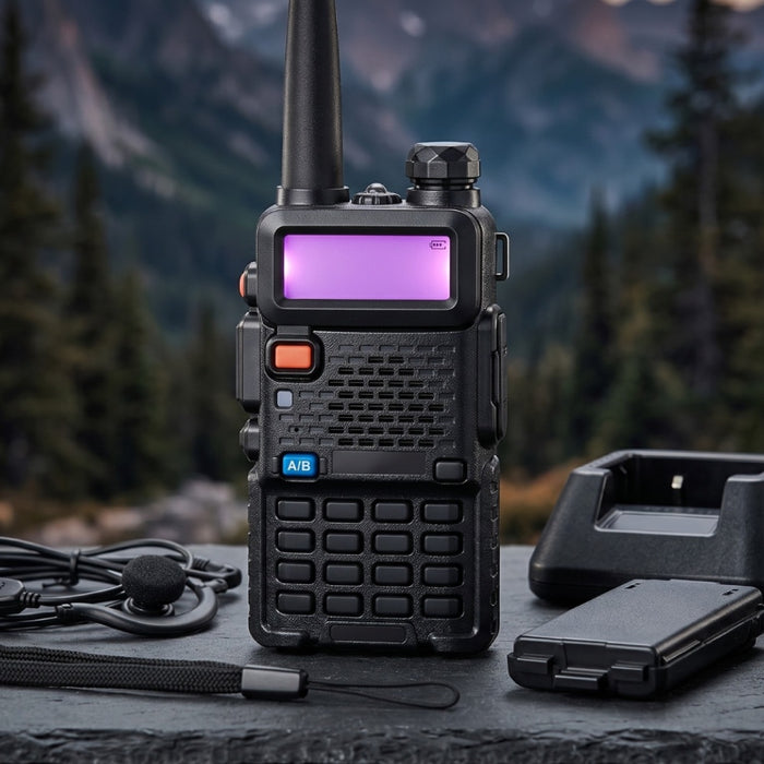 Czarny radiotelefon Baofeng z anteną i fioletowo świecącym wyświetlaczem na kamiennej płycie, obok zestaw słuchawkowy z mikrofonem, smycz, akumulator, ładowarka biurkowa i zasilacz, w tle rozmyte góry i las.