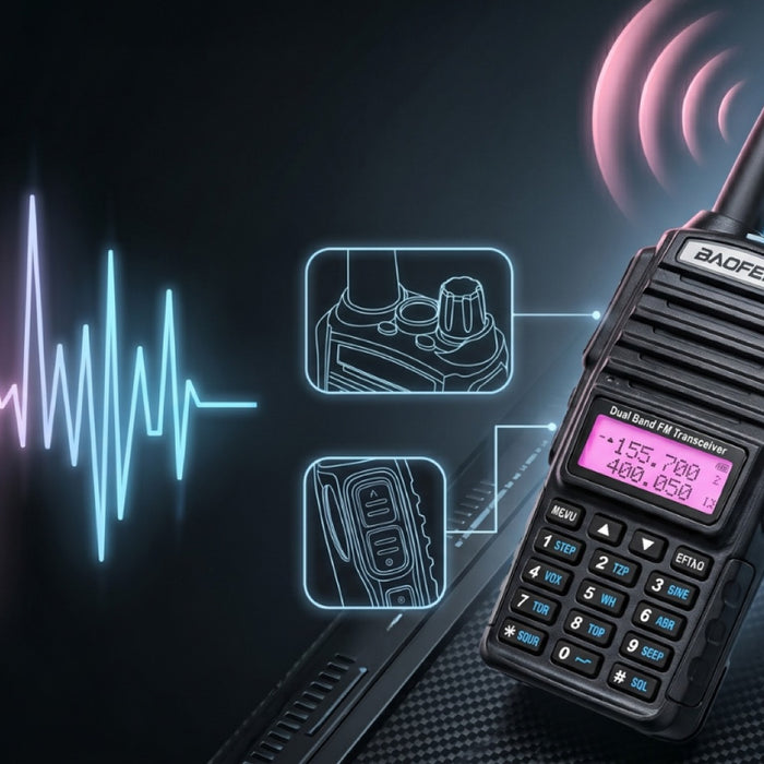 Czarny radiotelefon Baofeng z anteną i różowo podświetlanym wyświetlaczem z częstotliwościami 155.700 i 400.050, obok różowo-niebieski wykres fali dźwiękowej, wokół konturowe ramki z powiększeniami elementów radia na ciemnym tle