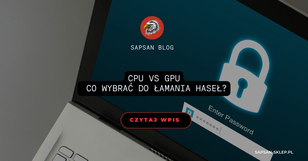SAPSAN-Blog-Banner mit Laptop-Foto, Vorhängeschloss-Grafik und Passwortfeld auf dem Bildschirm, Titel über CPU- oder GPU-Wahl zum Passwortknacken