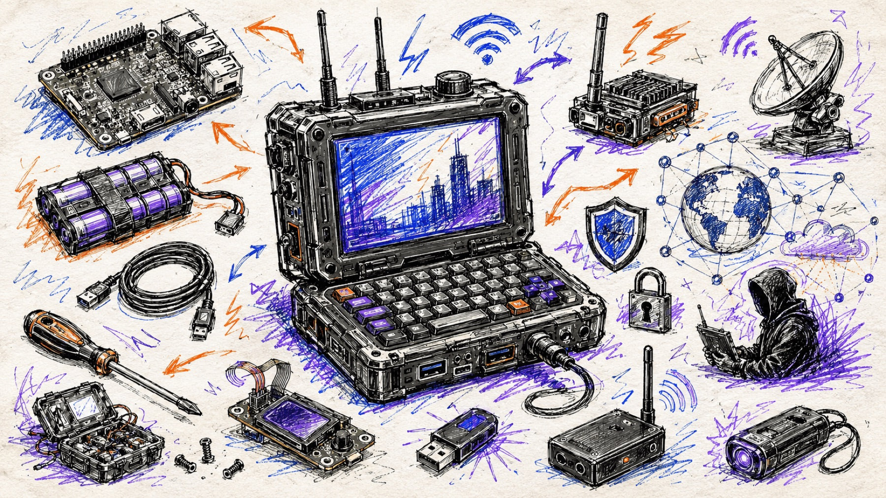 Hand-drawn sketch on cream background - in the centre a rugged portable computer (cyberdeck) with two antennas and a screen showing a city skyline, around it a mini-computer, batteries, USB stick, Wi-Fi antenna modules and a hooded figure.