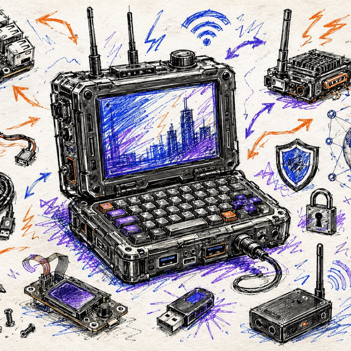 Hand-drawn sketch on cream background - in the centre a rugged portable computer (cyberdeck) with two antennas and a screen showing a city skyline, around it a mini-computer, batteries, USB stick, Wi-Fi antenna modules and a hooded figure.