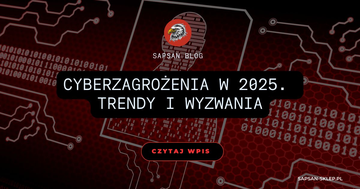 SAPSAN blog banner with a red circuit board graphic, binary code and a hexagonal pattern, eagle logo and title about cyber threats in 2025, trends and challenges