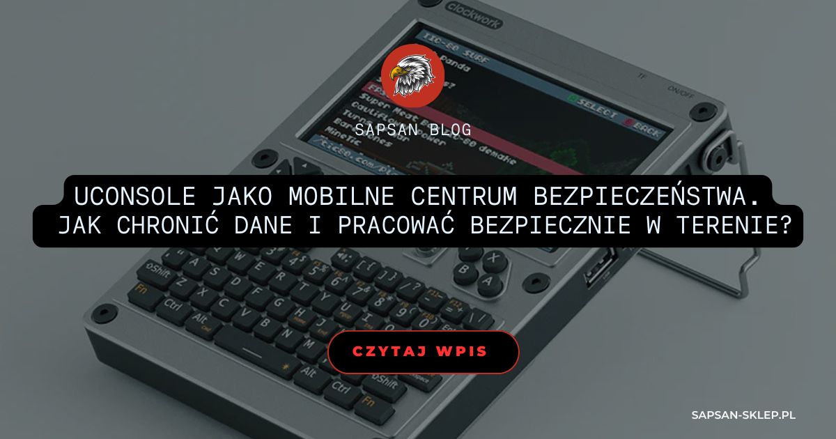 SAPSAN blog banner with a photo of a portable uConsole handheld with a QWERTY keyboard and a screen showing a games menu, an eagle logo and a title about the uConsole as a mobile security hub for protecting data and working safely in the field