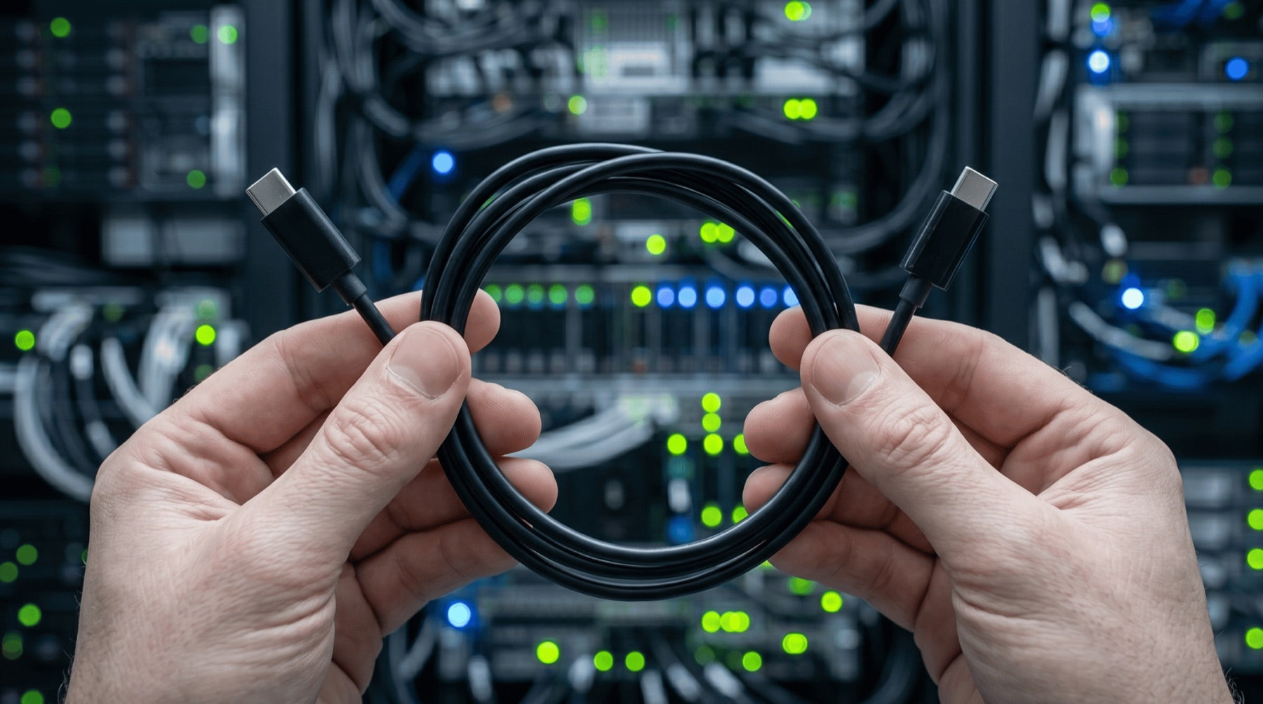 Две руки держат смотанный чёрный кабель с двумя разъёмами USB-C на фоне размытой серверной с зелёными и синими индикаторами.