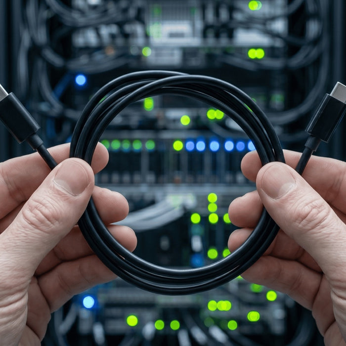 Dwie dłonie trzymające zwinięty czarny kabel z dwiema wtyczkami USB-C na tle rozmytej serwerowni z zielonymi i niebieskimi diodami.