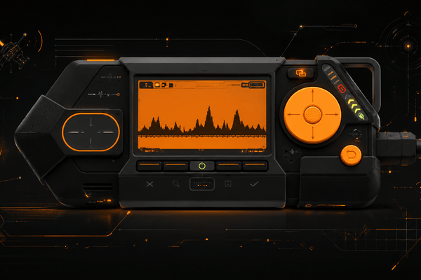 Schwarzes handliches Elektronikgerät mit orangefarbenem Display, das eine Signalkurve zeigt, einem runden Steuerkreuz und einer Tastenreihe, vor dunklem Hintergrund mit orangefarbenen Schaltkreislinien