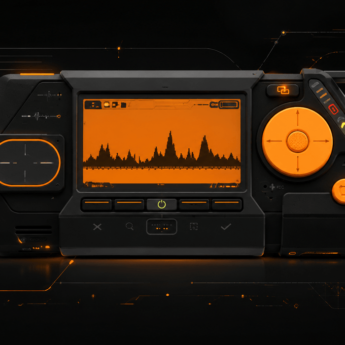 Black handheld electronic device with an orange screen showing a signal waveform, a round directional pad and a row of buttons, on a dark background with orange circuit lines