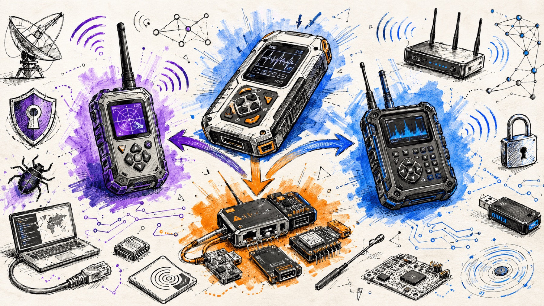 Handgezeichnete Illustration auf cremefarbenem Hintergrund - drei robuste Handgeräte mit Antennen und Displays, verbunden durch farbige Pfeile, in der Mitte eine Platine mit Modulen, ringsum Symbole von Laptop, Wi-Fi-Router und Schloss.