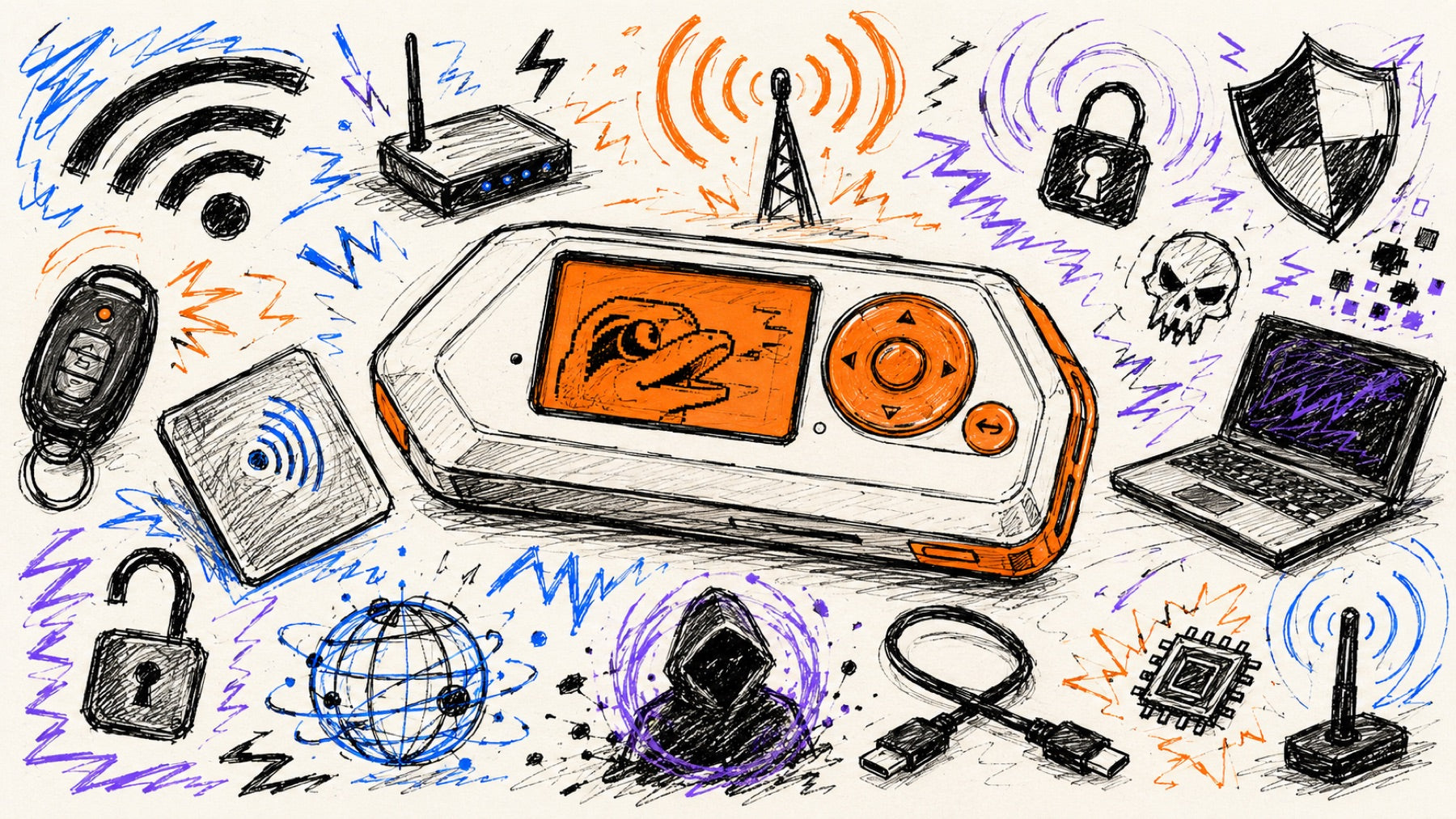 Hand-drawn ink illustration on a cream background: a central white-and-orange device with a screen showing a bird's head and a directional pad, surrounded by sketched icons - Wi-Fi, router, padlocks, skull, laptop, hooded hacker, USB cable and chip.