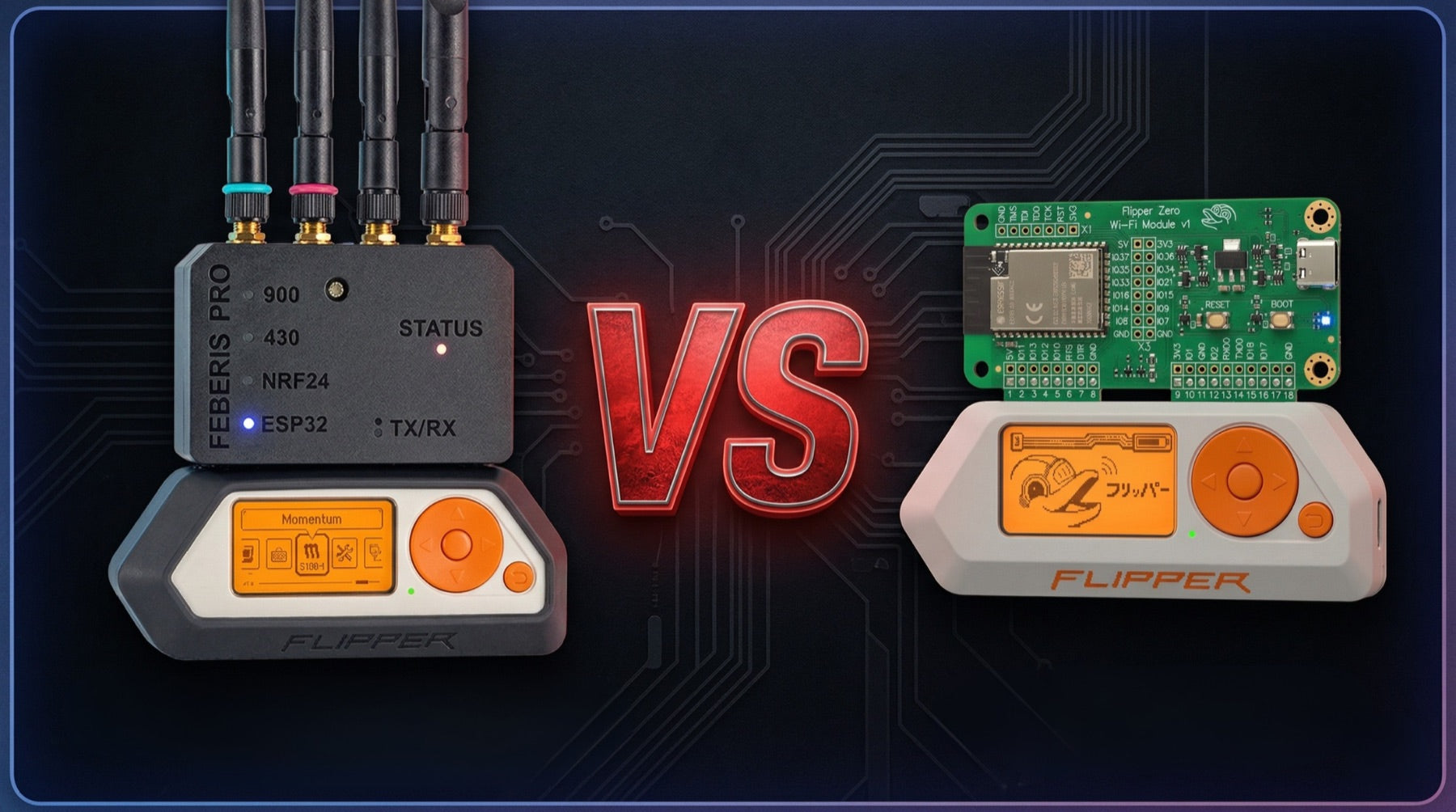 VS-Vergleich - links ein Flipper Zero mit schwarzem FEBERIS PRO Modul mit vier Antennen, rechts ein Flipper Zero mit grüner Platine Flipper Zero Wi-Fi Module v1, in der Mitte roter VS-Schriftzug auf Leiterplatten-Hintergrund.