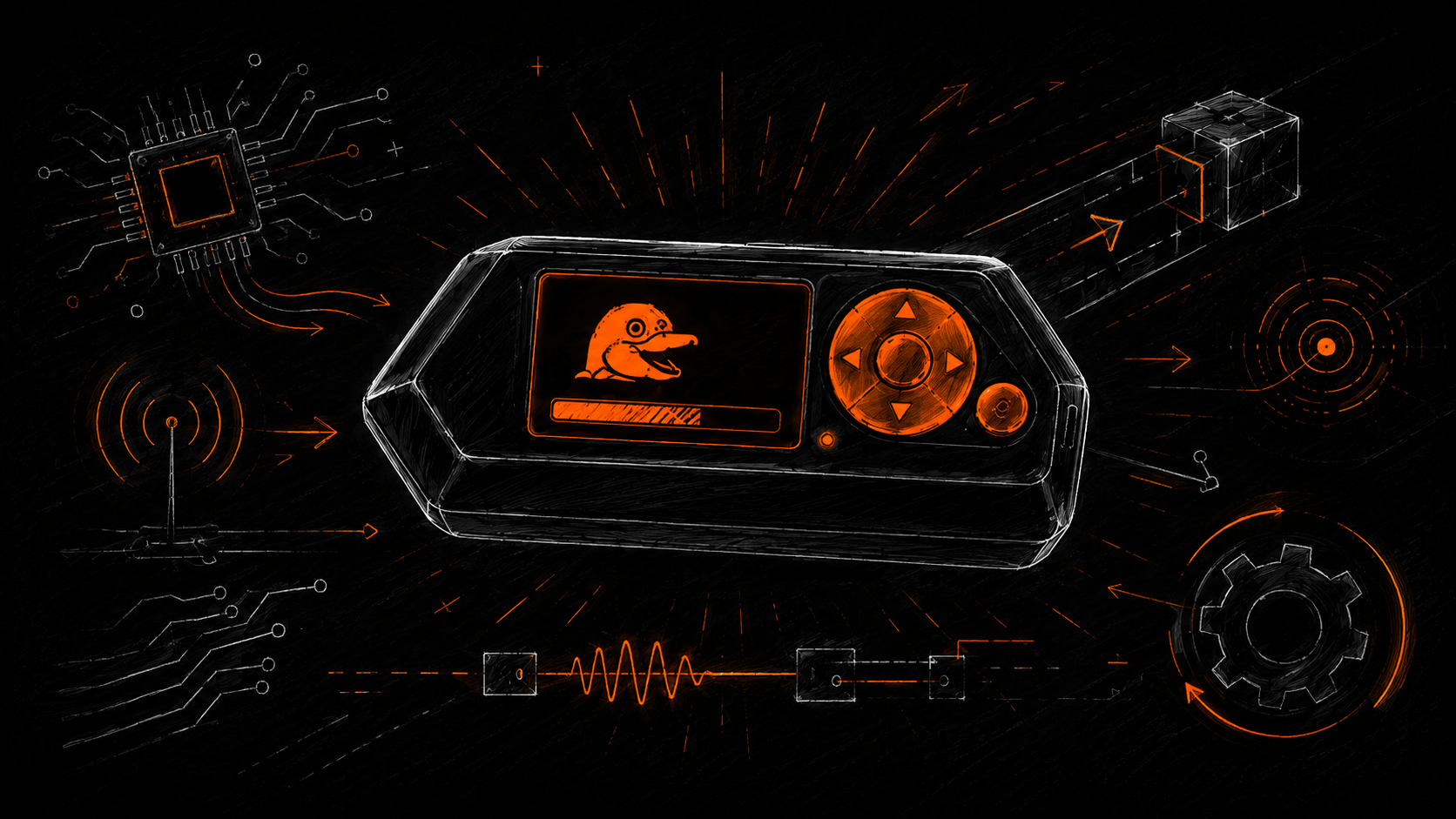 Skizzenhafte Illustration auf schwarzem Hintergrund - ein Flipper Zero mit orangem Display mit Delfin und einem Steuerkreuz daneben, umgeben von Skizzen eines Chips, einer Antenne mit Funkwellen, eines Zahnrads und einer Sinuskurve.