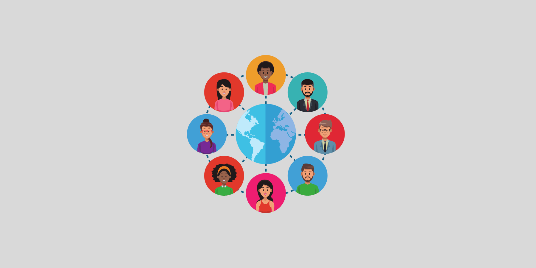 Illustration eines Globus, der durch gestrichelte Linien mit acht bunten Avataren verschiedener Menschen verbunden ist, Symbol eines globalen Netzwerks