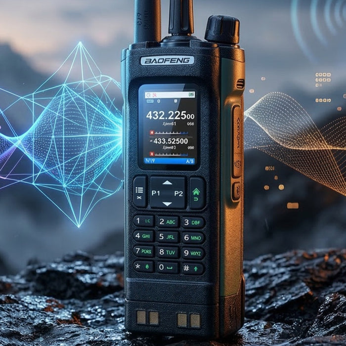 Czarny radiotelefon Baofeng z kolorowym wyświetlaczem pokazującym częstotliwości 432.22500 i 433.52500, stoi na ciemnych skałach; w tle niebieskie, fioletowe i pomarańczowe fale sygnału, góry oraz maszt nadawczy.