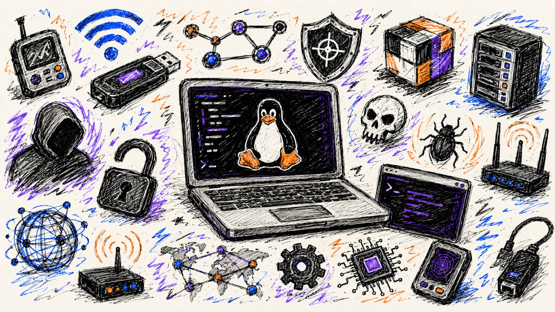 Hand-drawn graphic on a cream background: a laptop with the Linux penguin (Tux) on a terminal screen, surrounded by sketched hacking icons - router, USB drive, open padlock, skull, bug, shield, chip and a Wi-Fi symbol.