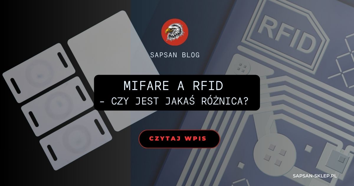 Баннер блога SAPSAN с изображением бесконтактных карт и RFID-чипа на серо-синем фоне, логотип орла и заголовок MIFARE и RFID - есть ли разница