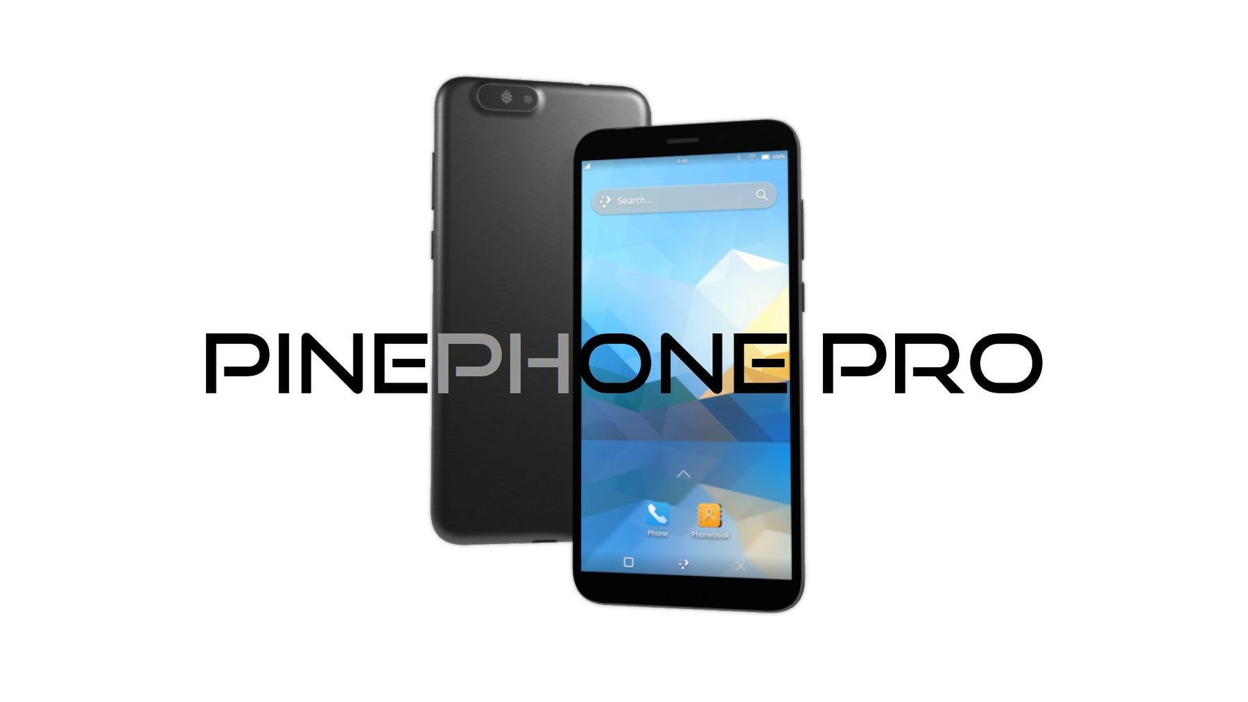 Render des PinePhone-Pro-Smartphones - Rück- und Vorderseite mit Bildschirm, der einen Desktop mit blauem Hintergrundbild zeigt, große Aufschrift PINEPHONE PRO auf weißem Hintergrund