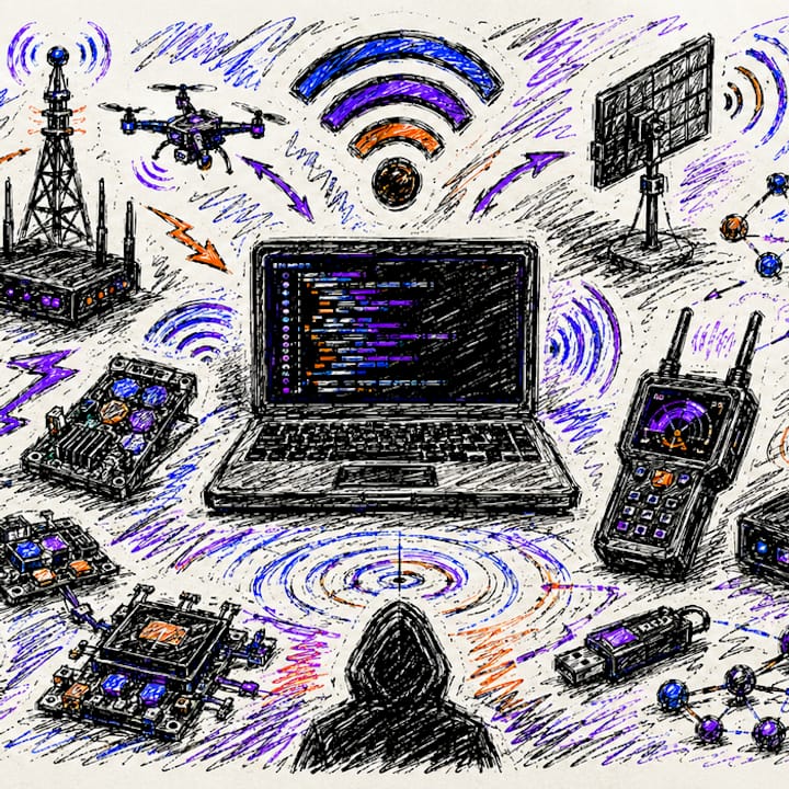 Odręczna ilustracja - w centrum otwarty laptop z kodem na ekranie, wokół urządzenia bezprzewodowe: maszt antenowy, dron, router i anteny, u góry symbol Wi-Fi, a na dole zakapturzona postać od tyłu.