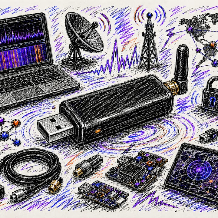 Ink drawing in purple and blue - a black USB stick in the centre, a laptop showing a signal spectrum, a satellite dish, a radio tower with waves, a world map, a padlock, a coiled cable, circuit boards and a radar screen.