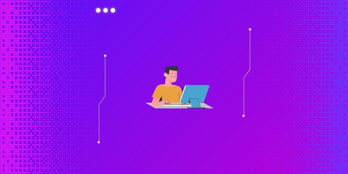 Векторная иллюстрация человека в очках, работающего за компьютером, на фиолетово-розовом фоне с декором в тех-стиле