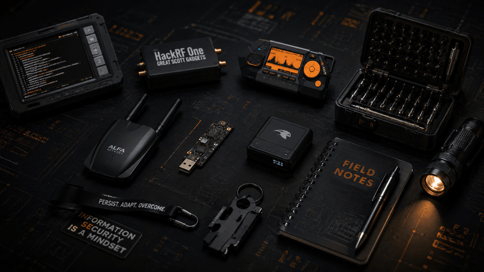 Ciemny blat ze schematami i rozłożony sprzęt hakerski - tablet z terminalem, HackRF One, odbiornik radiowy z pomarańczowym ekranem, adapter Alfa Network z antenami, płytka z USB, zestaw bitów, notes FIELD NOTES, długopis i latarka.