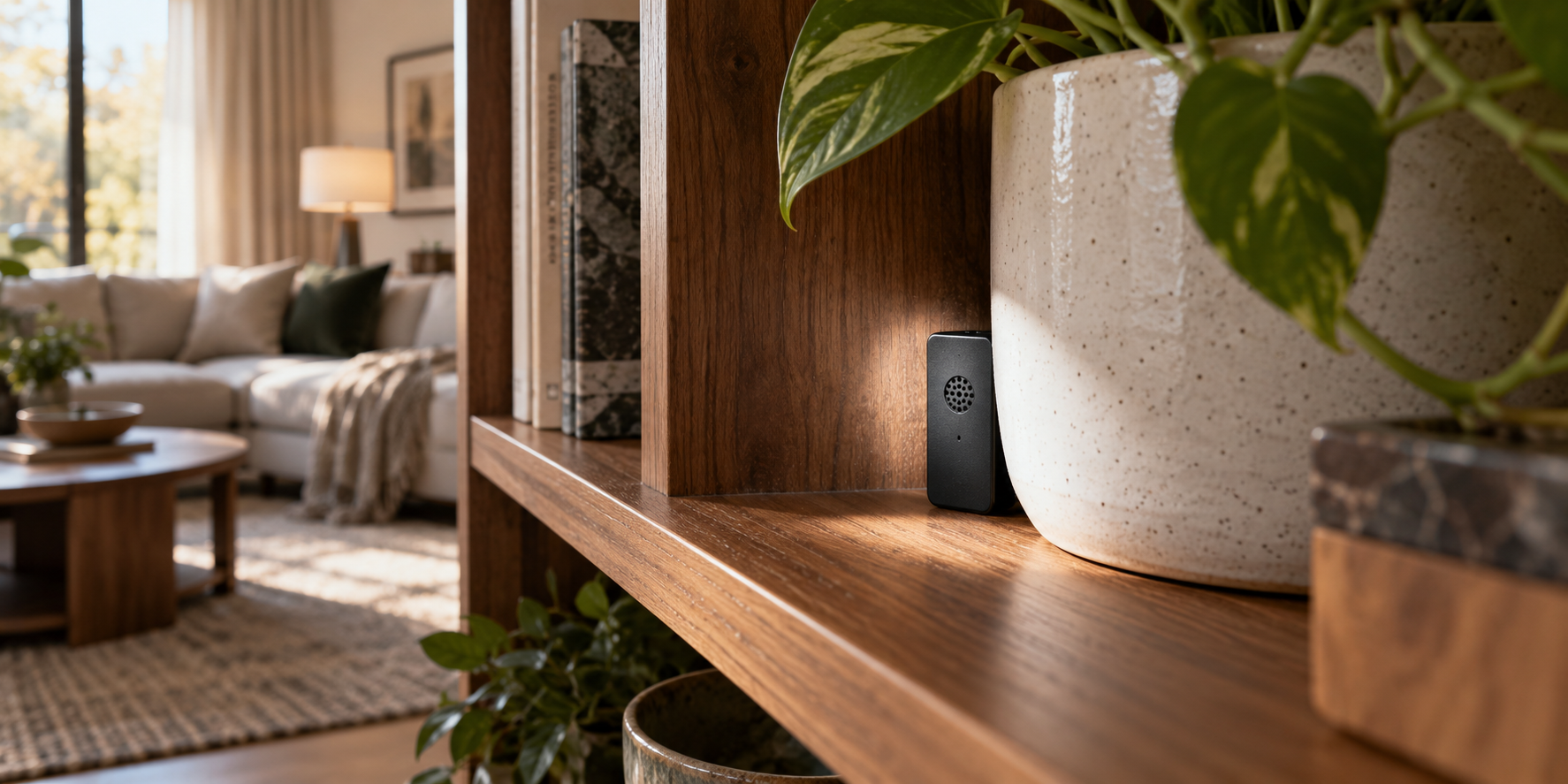 Small black audio recorder hidden behind a plant pot on a wooden living room shelf.