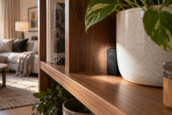 Small black audio recorder hidden behind a plant pot on a wooden living room shelf.