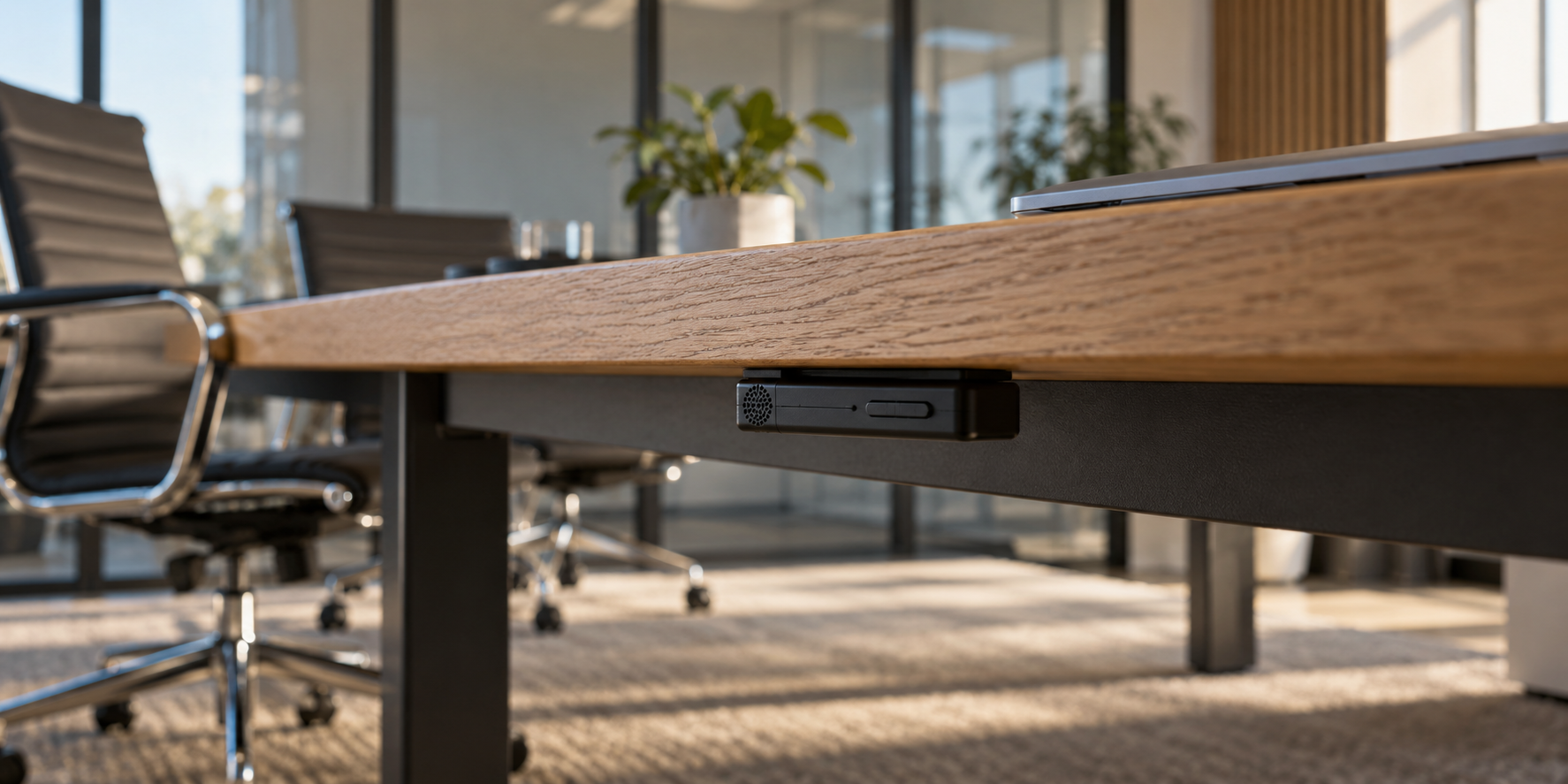 Black audio recorder attached beneath the edge of a table in an office meeting room.