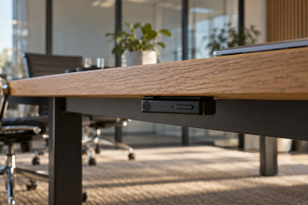 Black audio recorder attached beneath the edge of a table in an office meeting room.