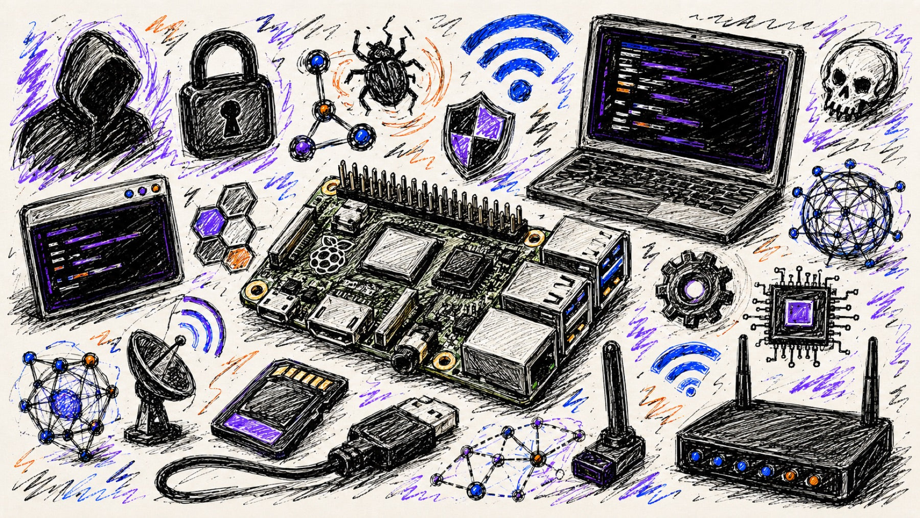 Sketch-style illustration on a cream background - a Raspberry Pi board in the center, surrounded by hacking icons: laptop with a terminal, hooded hacker, padlock, skull, Wi-Fi symbols, router with antennas and network graphs in purple and blue.
