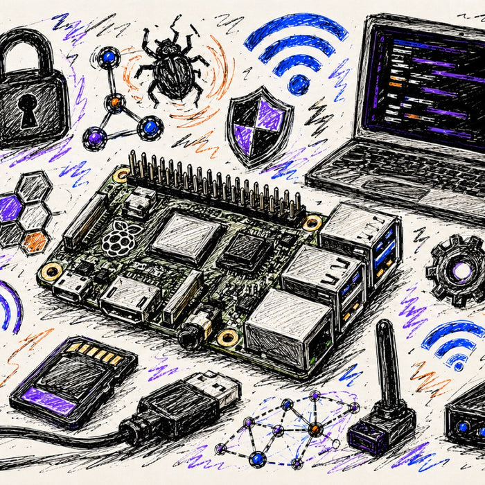 Rysunkowa grafika w stylu szkicu na kremowym tle - pośrodku płytka Raspberry Pi, wokół ikony hakerskie: laptop z terminalem, haker w kapturze, kłódka, czaszka, symbole Wi-Fi, router z antenami i grafy sieci w fioletach i błękicie.