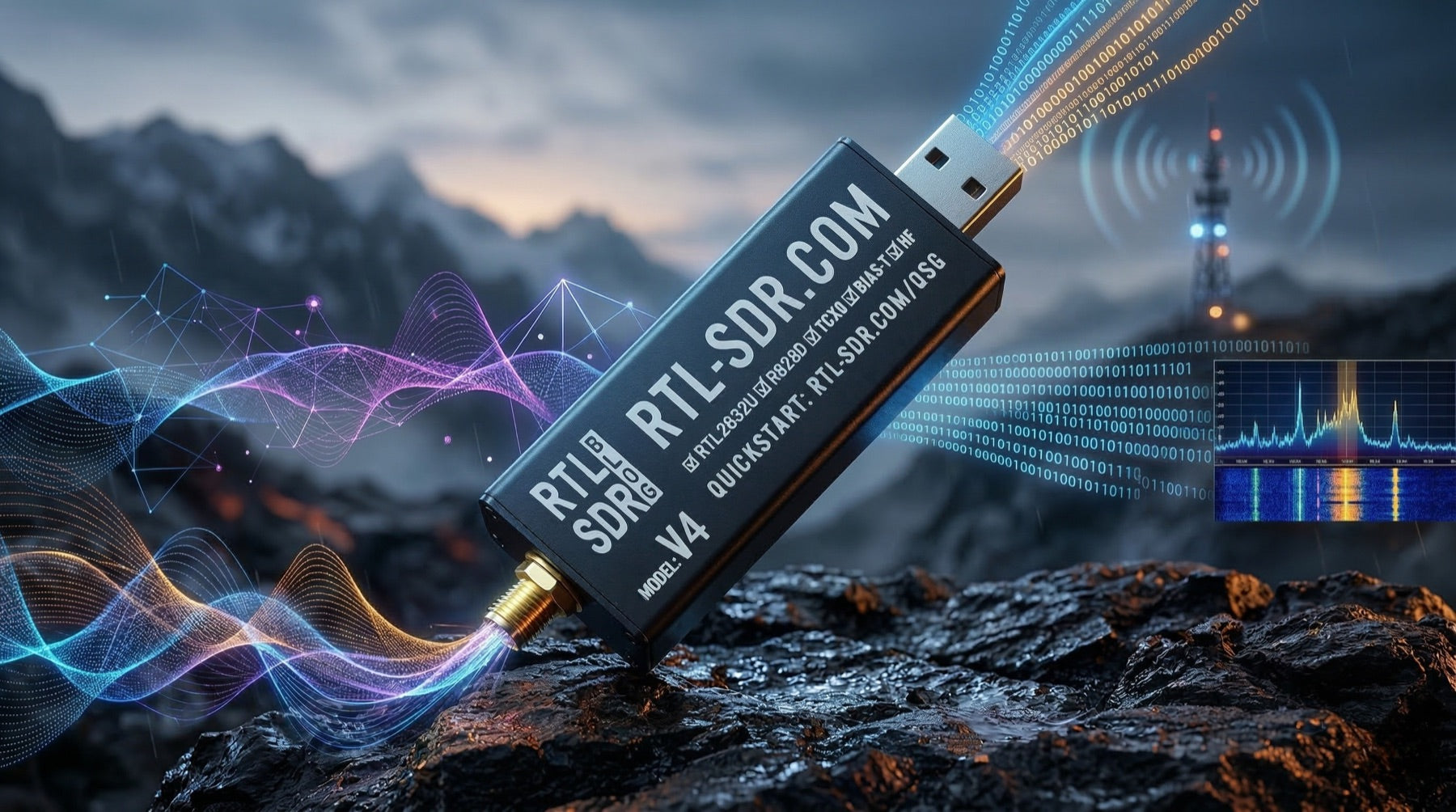 Black RTL-SDR.COM V4 USB dongle with a gold SMA antenna port on a rock, surrounded by colourful radio waves, a stream of binary code, a transmitter tower and a spectrum chart against dusk mountains