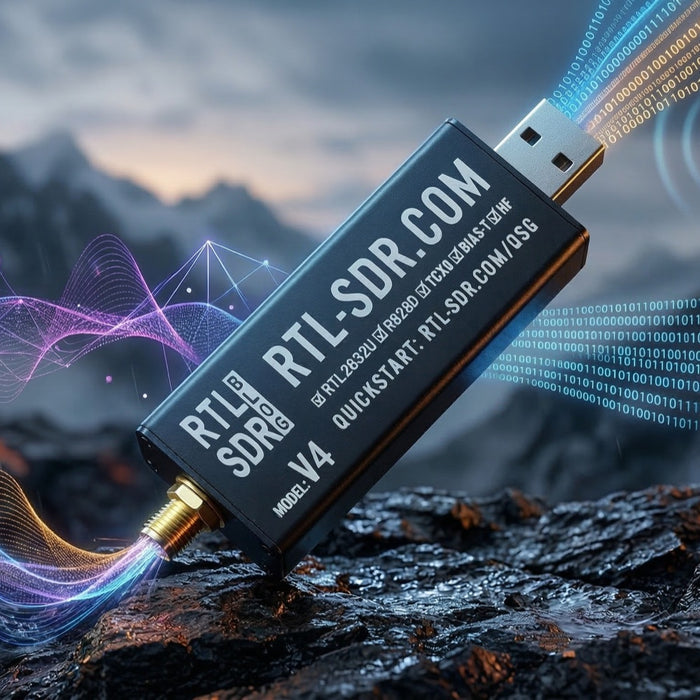 Czarny pendrive-odbiornik RTL-SDR.COM V4 ze złotym gniazdem antenowym SMA na skale, wokół kolorowe fale radiowe, strumień binarnego kodu, wieża nadawcza i wykres widma na tle gór o zmierzchu