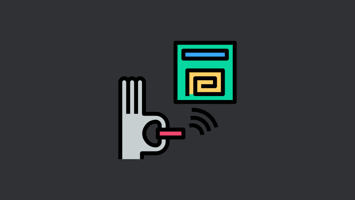 Ilustracja działania RFID - dłoń przykłada zbliżeniowy tag do zielonego czytnika emitującego fale radiowe, na ciemnym tle