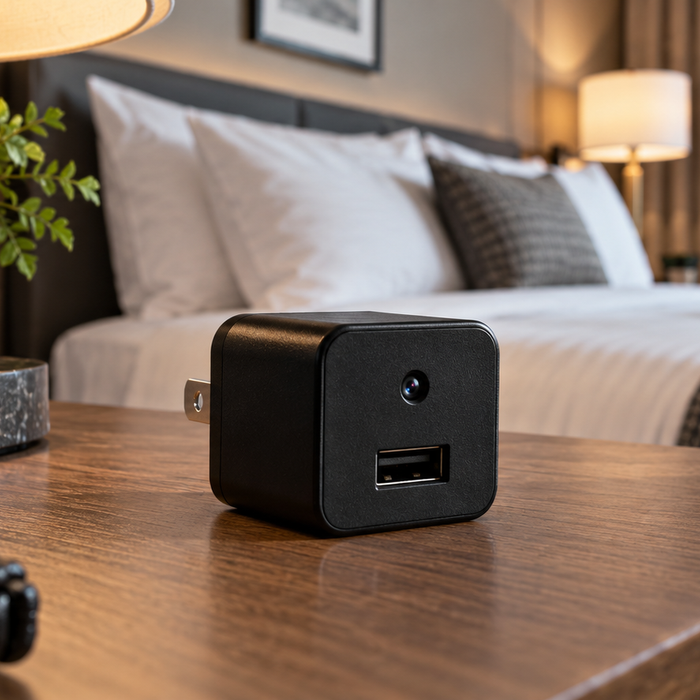 Black USB charger with a tiny hidden camera lens on a bedside table in a hotel room.