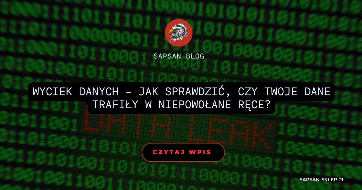 SAPSAN blog banner with a background of green binary digits and a red DATA LEAK inscription, an eagle logo and a title about how to check whether your data has fallen into the wrong hands.