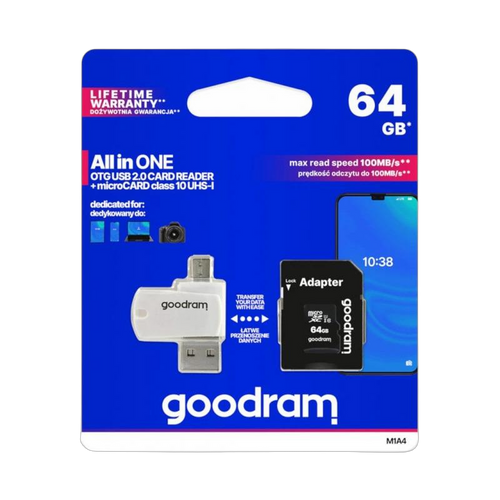 Goodram All in One M1A4 - karta pamięci microSD 64GB 100 MB/s klasa 10 + adapter + czytnik OTG