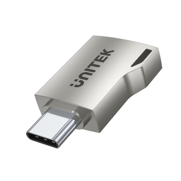 Серебристый адаптер Unitek со штекером USB-C и гнездом USB-A, маленький металлический OTG-переходник