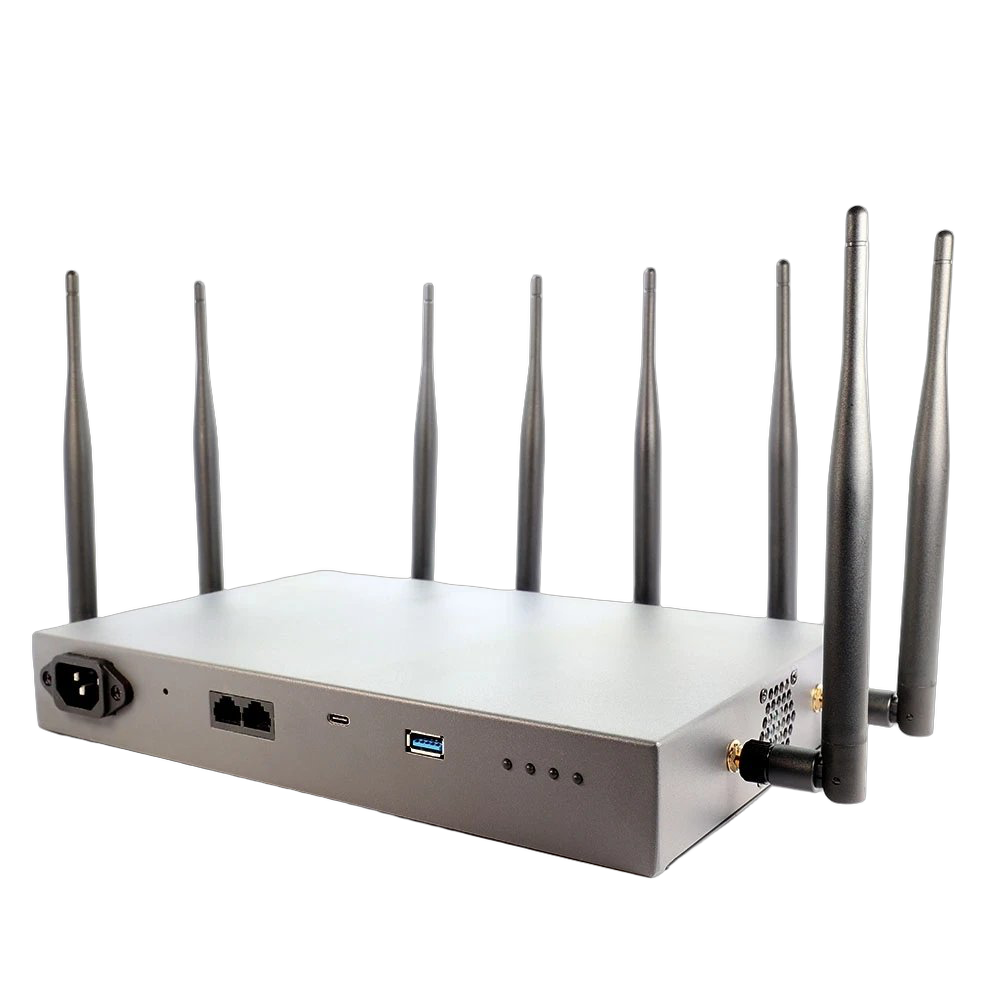 WiFi Pineapple Mark VII Enterprise - szare urządzenie z ośmioma antenami, gniazdo zasilania, dwa porty RJ45, USB-C i USB-A