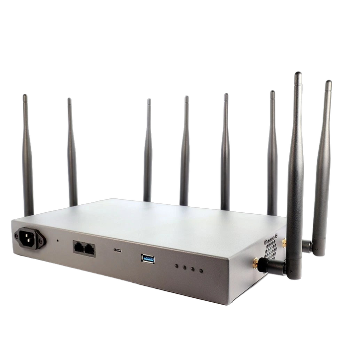 WiFi Pineapple Mark VII Enterprise - šedé zařízení s osmi anténami, napájecí konektor, dva porty RJ45, USB-C a USB-A