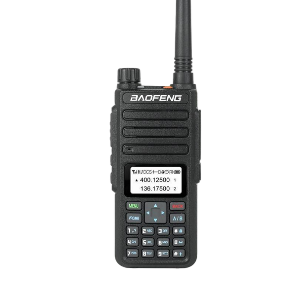 Radiotelefon Baofeng BF-H6 10W w widoku od przodu - całkowicie czarny korpus z napisem BAOFENG, jednym pokrętłem i anteną u góry, wyświetlaczem LCD, krzyżakiem nawigacyjnym z przyciskami MENU, BACK i A/B oraz pełną klawiaturą numeryczną, na białym tle