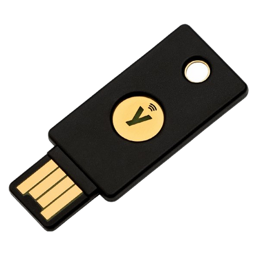 Czarny klucz bezpieczeństwa YubiKey 5 NFC z wtykiem USB-A, złotym przyciskiem dotykowym z logo Y i symbolem NFC, ujęcie pod kątem