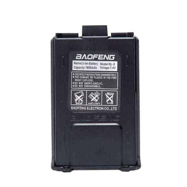 Akumulator Baofeng BL-5 1800 mAh do radiotelefonu Baofeng UV-5R - czarny akumulator litowo-jonowy z etykietą BAOFENG z oznaczeniem Model BL-5, pojemność 1800 mAh, napięcie 7,4 V i ostrzeżeniami, widok od tyłu na białym tle